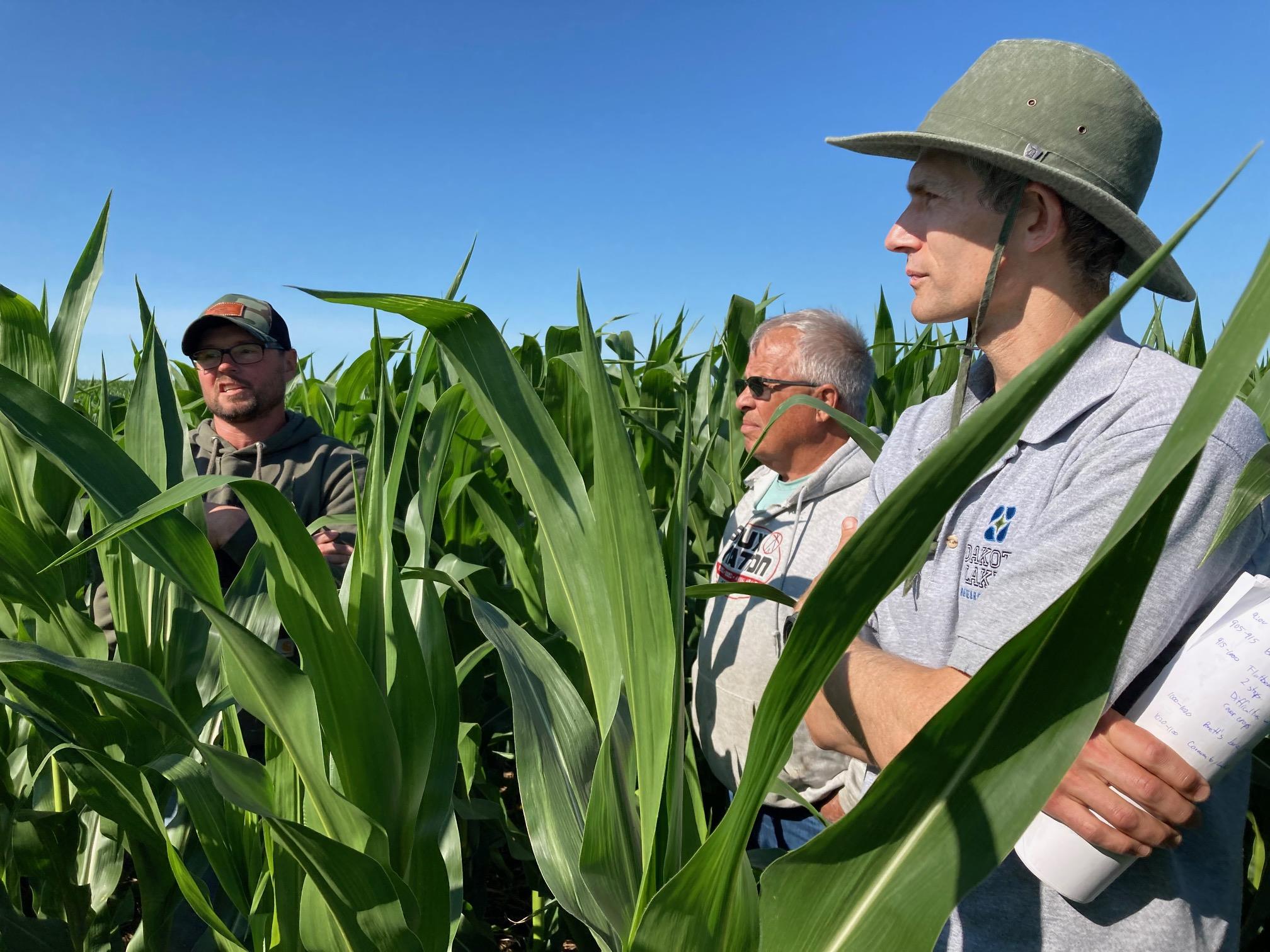 Dr. Cody Zilverberg (right) and Dan Forgey (center) listen in as Brett Huber (right) explains how he seeded a cover crop after a hailstorm in 2022, grazed the cover crop and then planted corn this year.